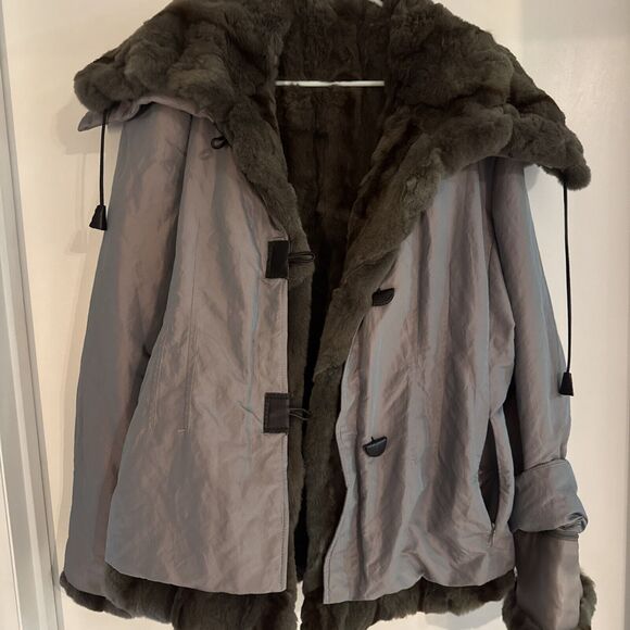 2 In 1 Iridescent Womens Coat Real Rabbit Fur Removable Vest Coat XL L GreenGold - Picture 2 of 11